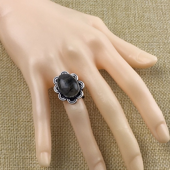 New Black Rutile Rutilated Quartz Crystal Stone Silver Overlay Ring 7.25 - 7.5 - Picture 2 of 7